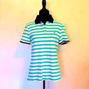 Brooks Brothers Preppy Teal And White Striped Cotton Polo Shirt Size M